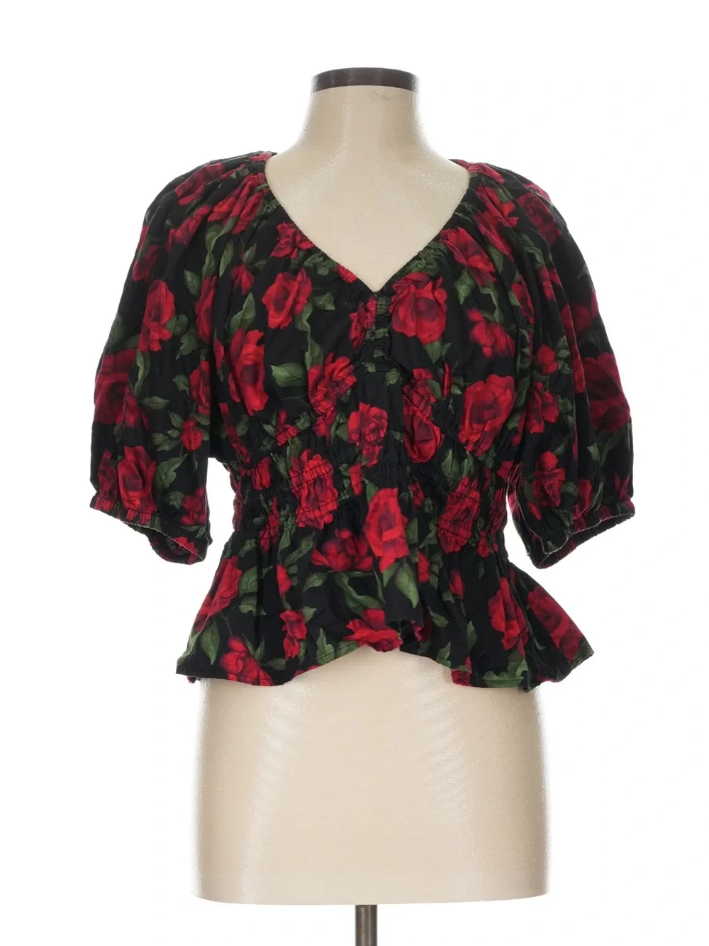 Old Navy Black Peplum Blouse with Red Rose Print